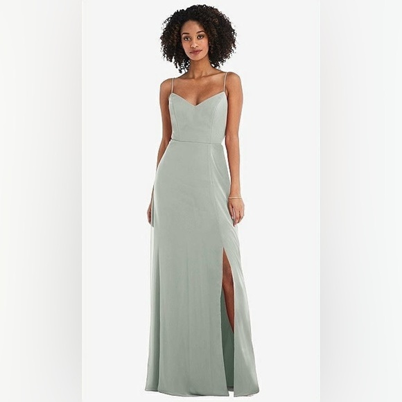 NWT Dessy Collection Tie-Back Cutout Maxi Dress w/ Front Slit, Willow Green, 14R - Picture 2 of 16